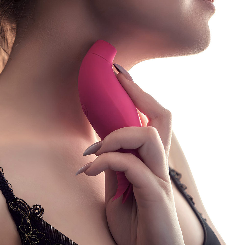 Woman holding Duo against her neck