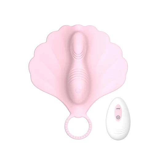 Pink clam-shaped wearable vibrator with a white remote control on a transparent background