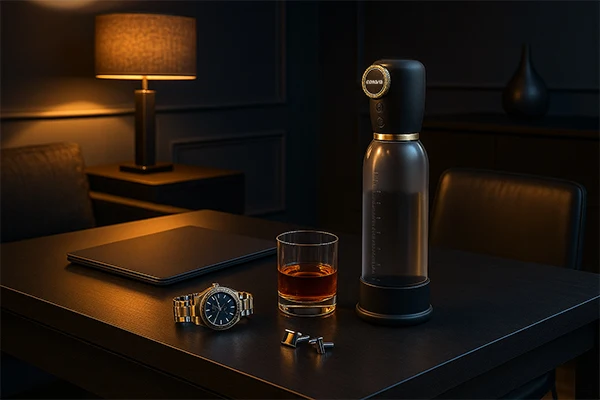 Bottle, whiskey glass, laptop, and watch on a dark wooden table in a dimly lit room.