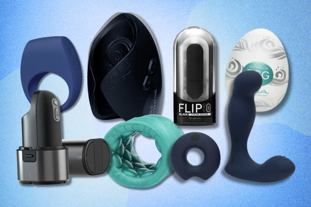 Collection of penis pumps against a blue background