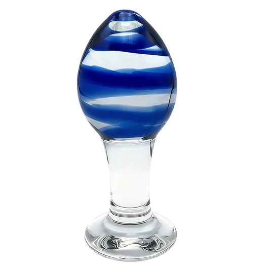 Glass anal plug with blue and clear striped design on a white background