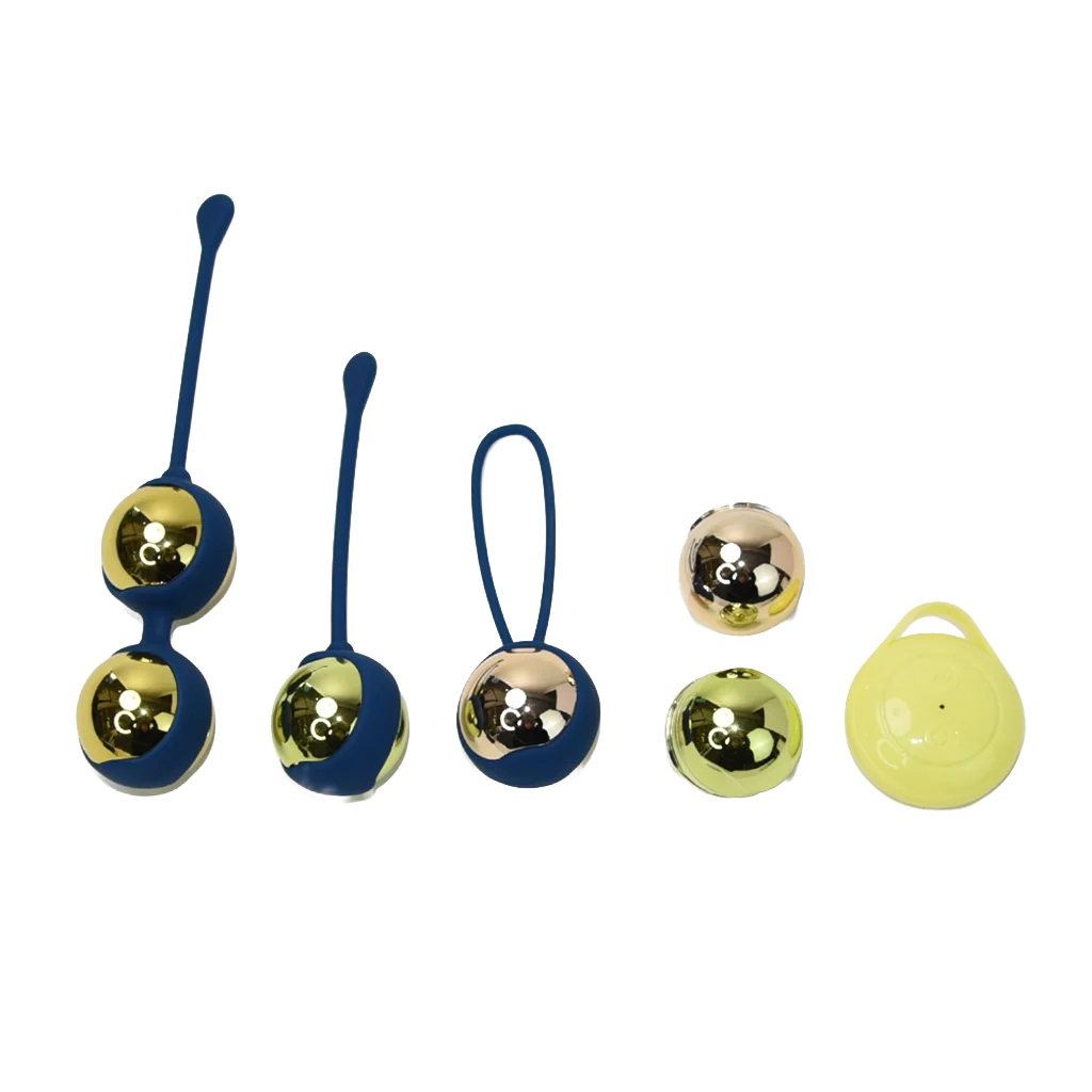 A set of yellow kegel balls with blue bands and yellow remote control on a transparent background