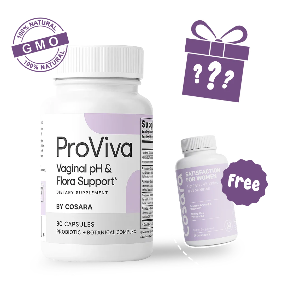 ProViva vaginal pH and flora support supplement bottle with a smaller Cosara bottle on a white background.