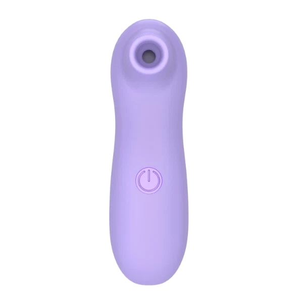 Purple clit-sucking vibrator with a power symbol on a white background