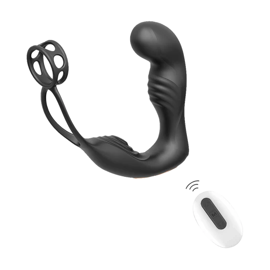 Black prostate massager and cock ring with white remote control on transparent background