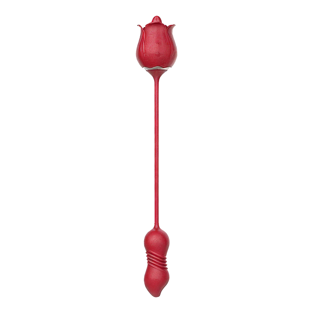 Rose-shaped dual vibrator with a flexible cord on a transparent background