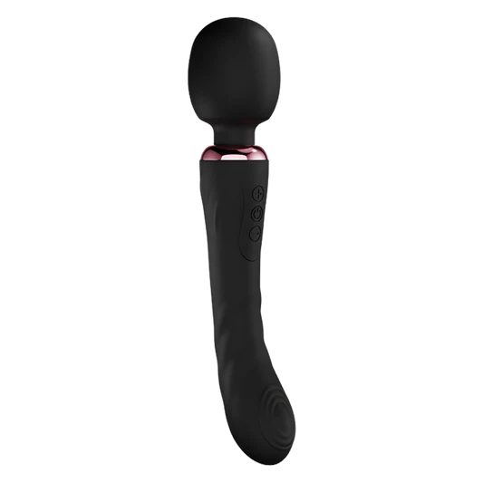 Black handheld wand vibrator or massager with pink band on a white background