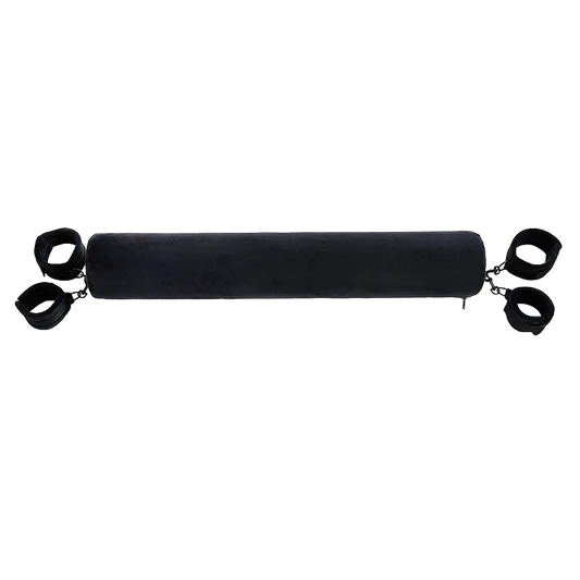 Black cylindrical spreader bar with four attached cuffs on both ends