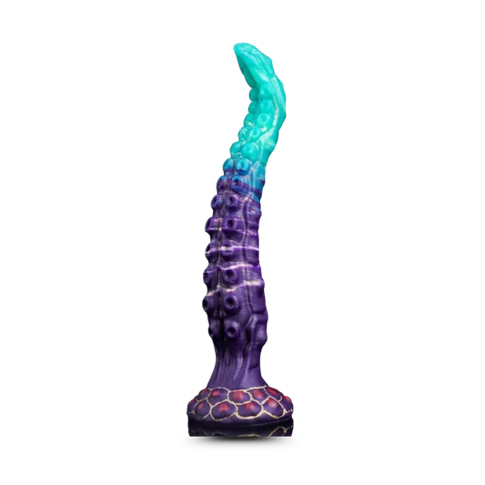 Blue and purple tentacle-like curved dildo on a transparent background
