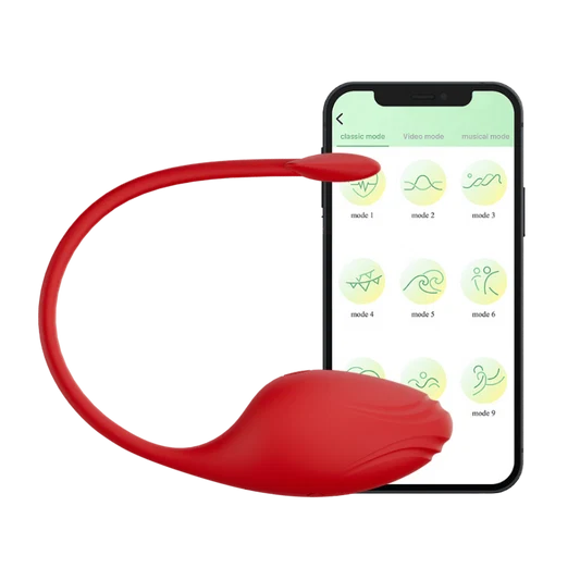 Red egg-like dual vibrator with a smartphone displaying app interface on a white background