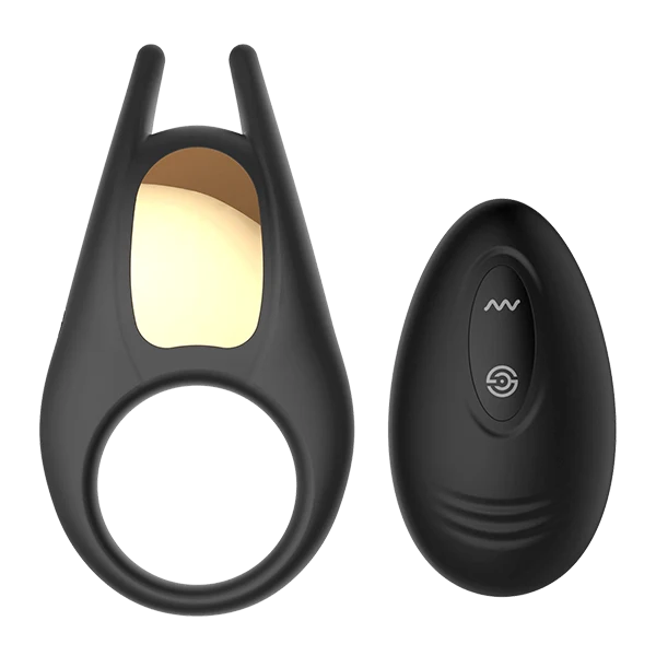 Black cock ring with a clit stimulator and a black remote control on a transparent background
