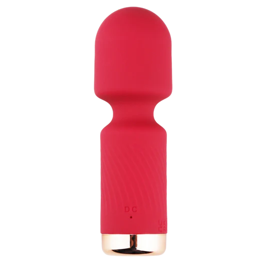 Red silicone mini wand vibrator with gold base on transparent background