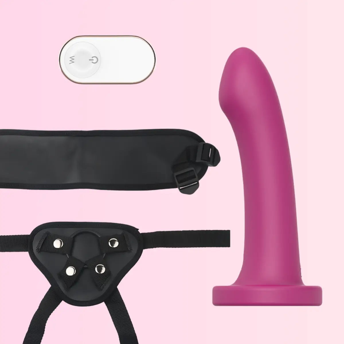 The One strap-on and remote parts on a pink background