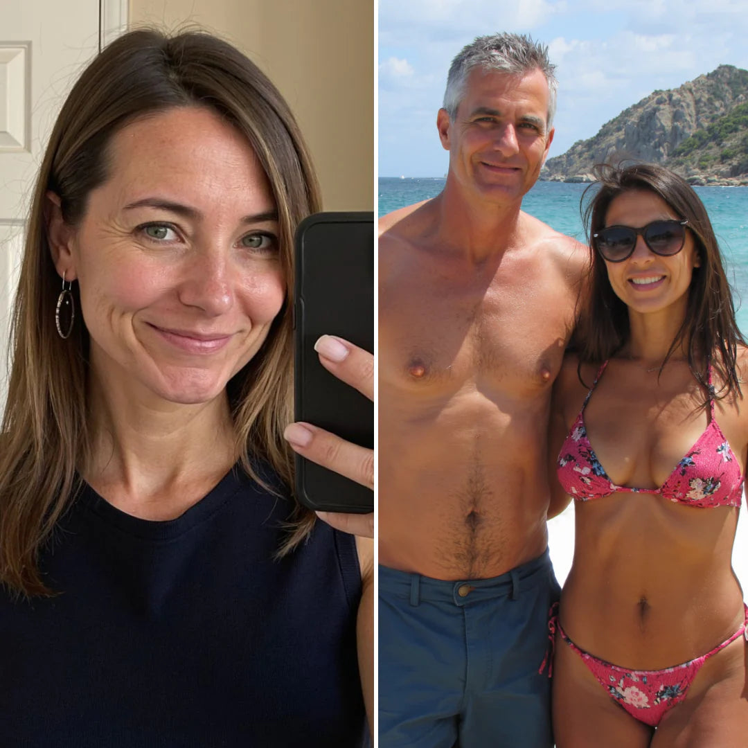 Woman taking a selfie on the left, and a man and woman posing on a beach on the right.