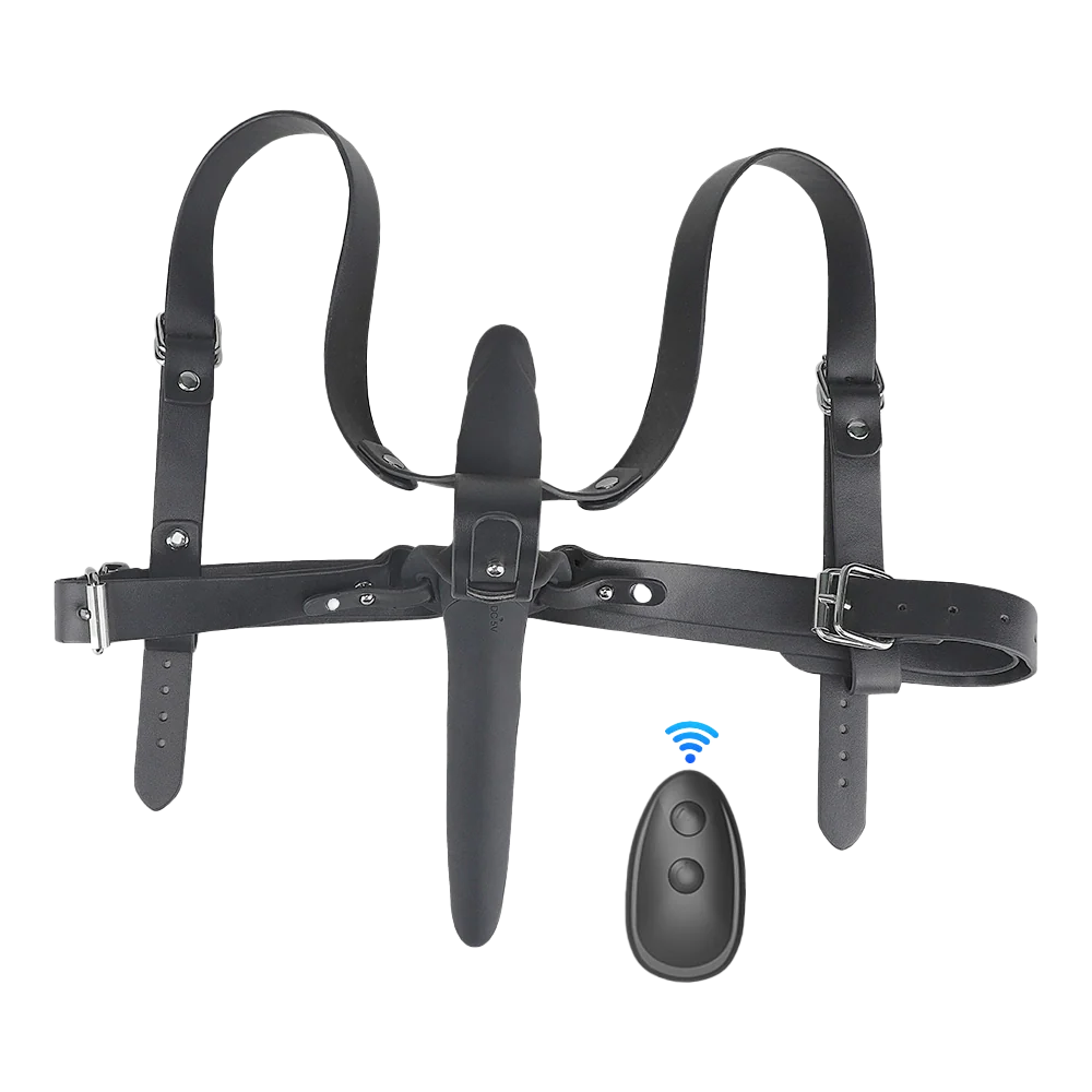 Black strap-on dildo on a harness with a black remote control on a transparent background