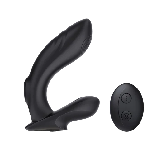 Black curved butt plug with a black remote control on a transparent background