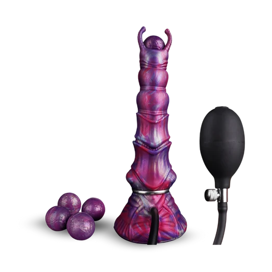 Alien-inspired ovipositor dildo with 4 oggs and a pump on transparent background