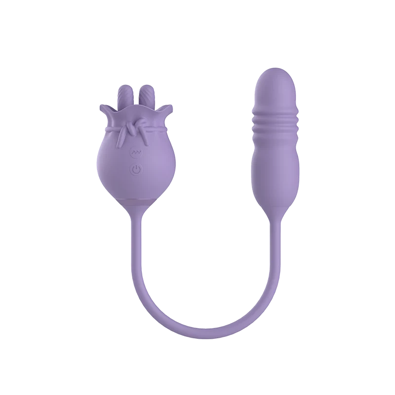 Purple silicone dual vibrator with a flexible cord on a white background