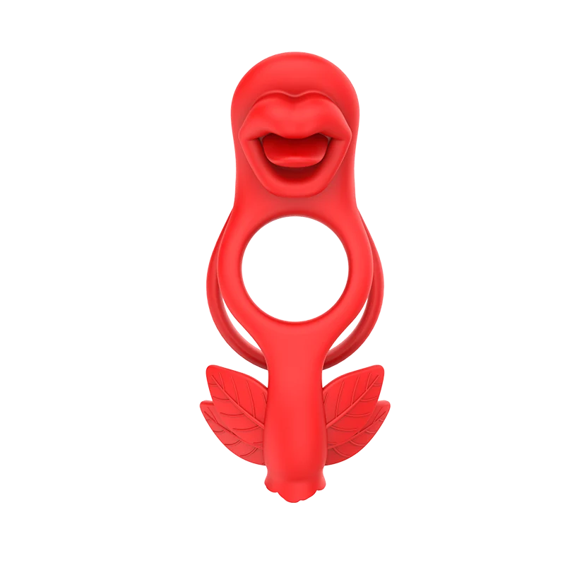 Red silicone couple's vibrator with a cock ring and a clit-stimulator on white background