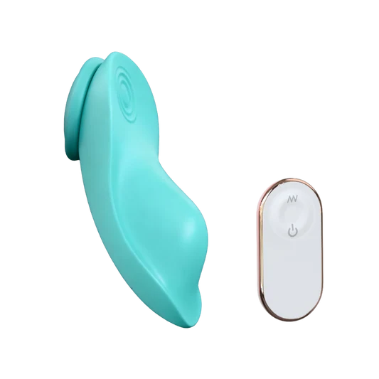 Turquoise wearable vibrator with a white remote control on a white background