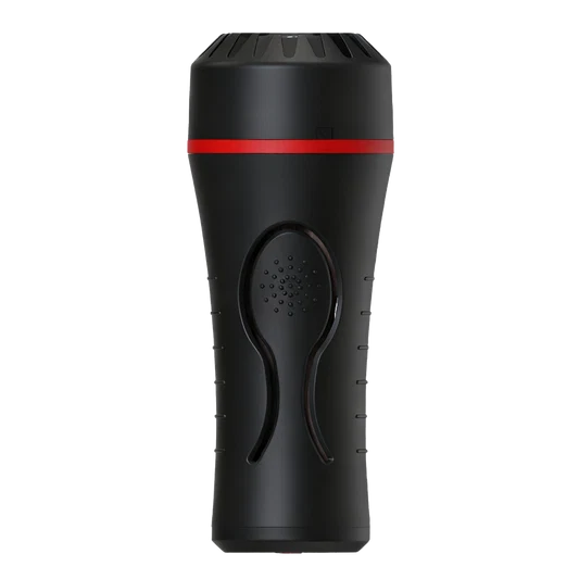 Black handheld flashlight-like male masturbator with a red stripe on a white background