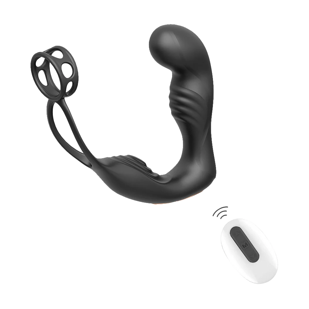 Black prostate massager and cock ring with white remote control on transparent background