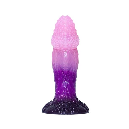Purple and pink silicone textured dildo on a white background