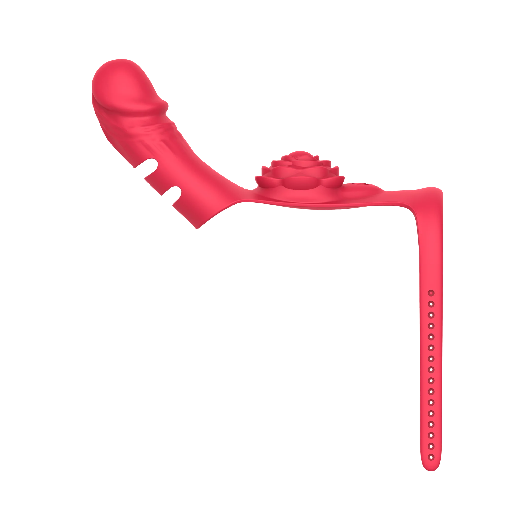 Red silicone wearable finger vibrator with rose design on a white background