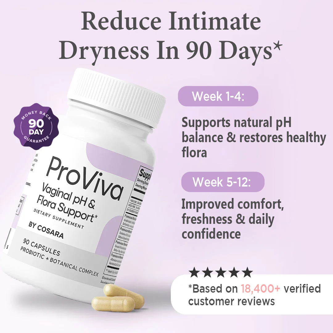 ProViva vaginal pH and flora support supplement with promotional text on a light purple background