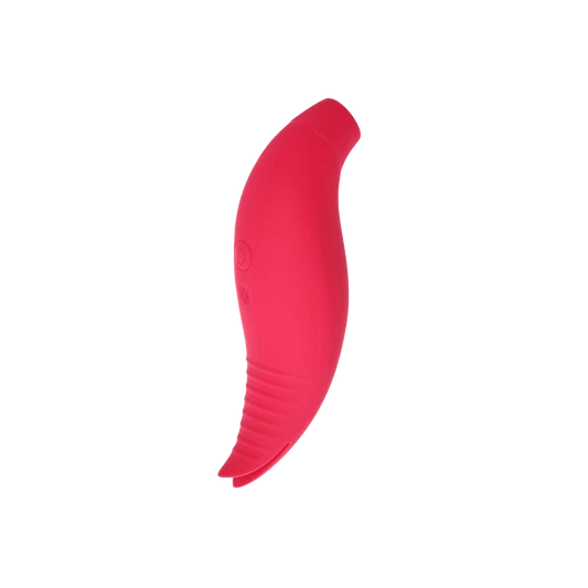 Pink curved clit-sucking vibrator on a transparent background