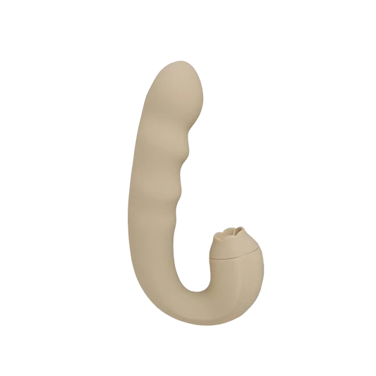 Beige dual vibrator with curved design on a transparent background