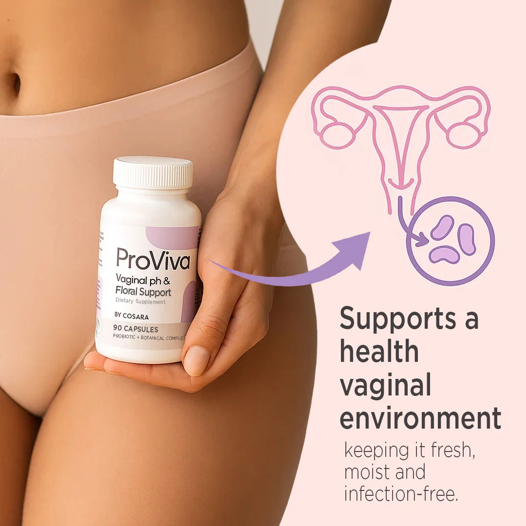 Person holding a bottle of ProViva capsules with a diagram of the female reproductive system