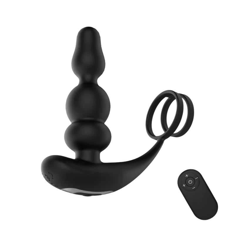 Black prostate massager connected to a cock ring with remote control on a white background