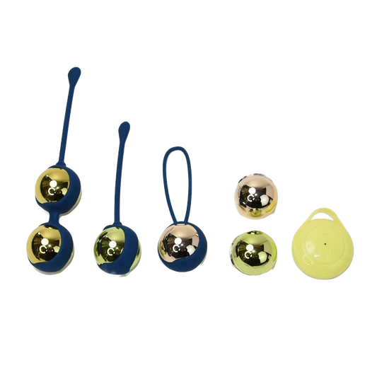 A set of yellow kegel balls with blue bands and yellow remote control on a transparent background