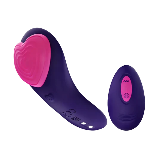 Purple and pink wearable vibrator with a remote control on a white background
