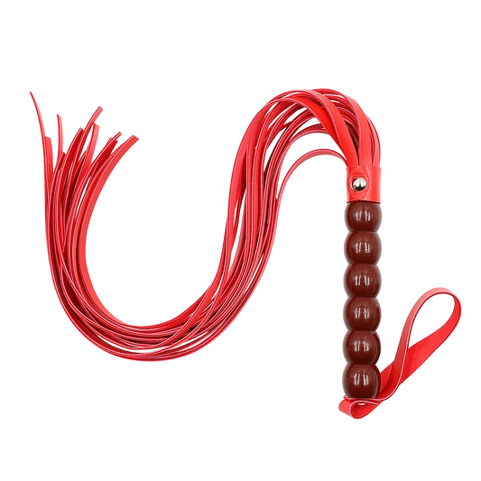 Red leather whip with glossy beaded handle on a white background