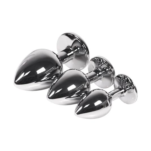 Set of silver butt plugs in three sizes on a transparent background