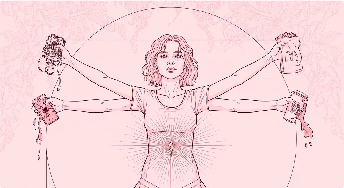 Illustration of a woman with multiple arms holding various items on a pink background