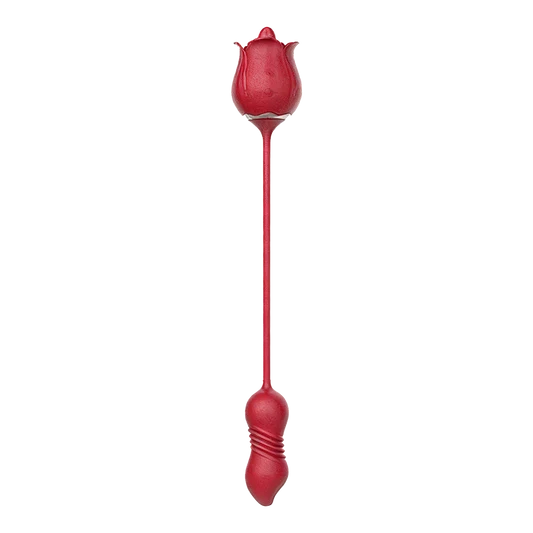 Rose-shaped dual vibrator with a flexible cord on a transparent background
