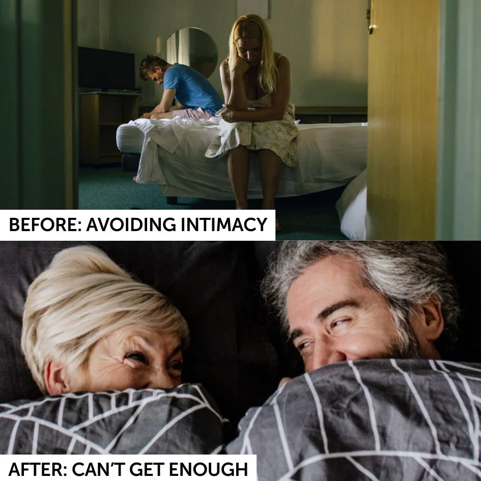 Before and after scenario of a couple avoiding intimacy and then being close together, with text labels.