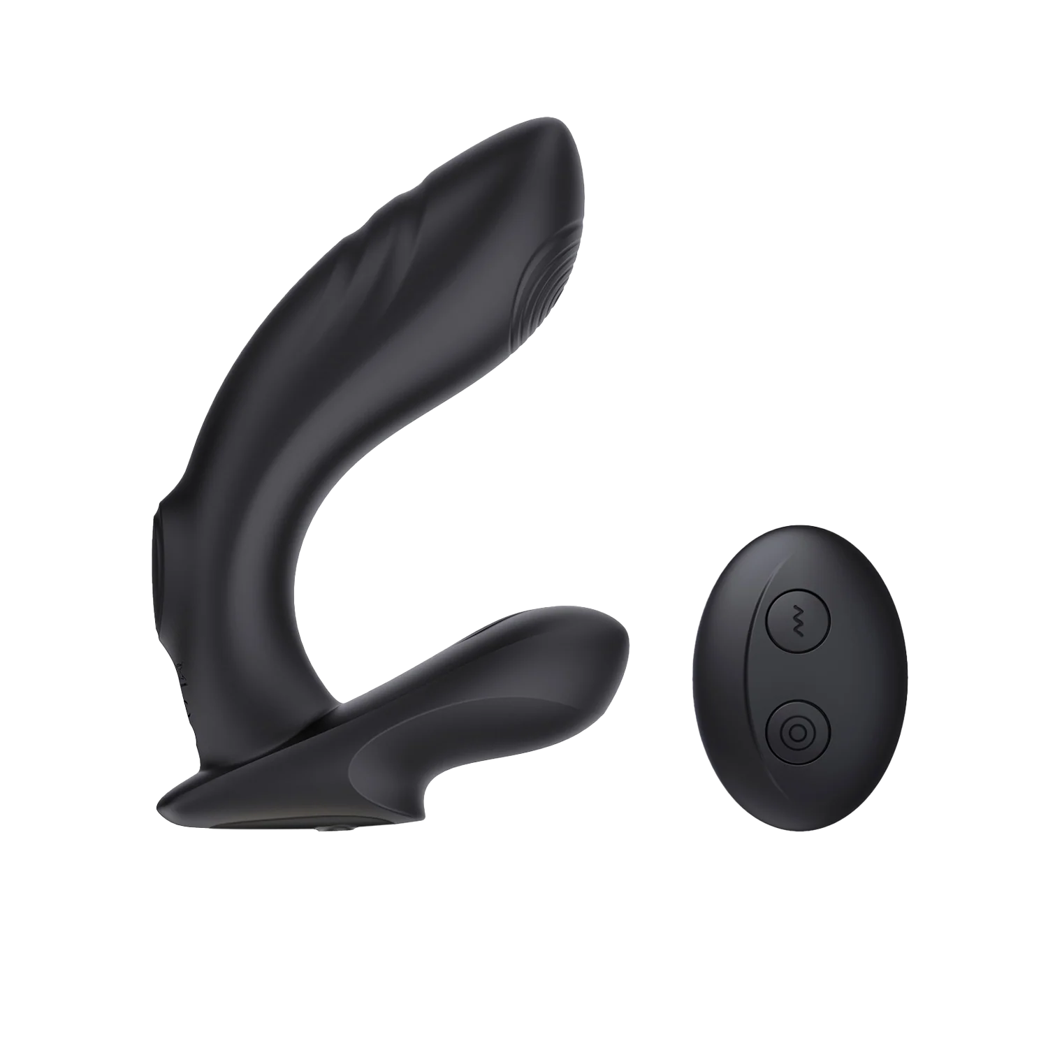Black curved butt plug with a black remote control on a transparent background
