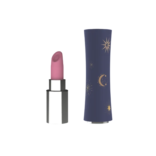 Pink lipstick vibrator with a navy case featuring celestial designs on a white background