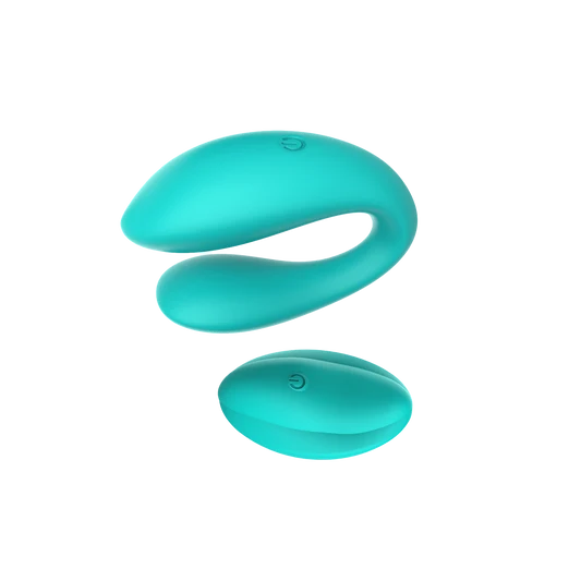 Turquoise silicone U-shaped couple's vibrator with a remote control on a white background