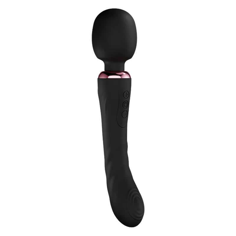 Black handheld wand vibrator or massager with pink band on a white background