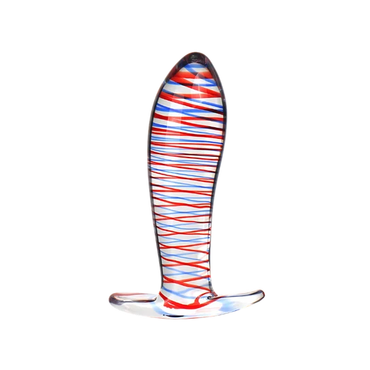 Colorful striped glass anal plug on a white background