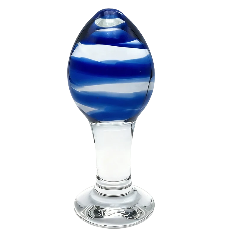 Glass anal plug with blue and clear striped design on a white background