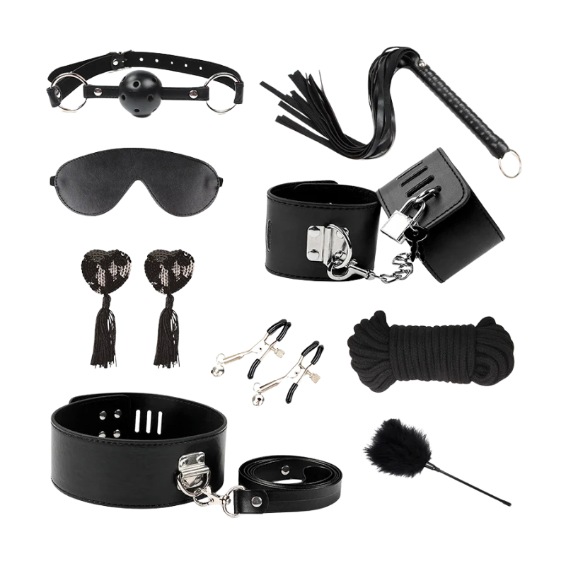 Collection of black leather bondage accessories on a white background
