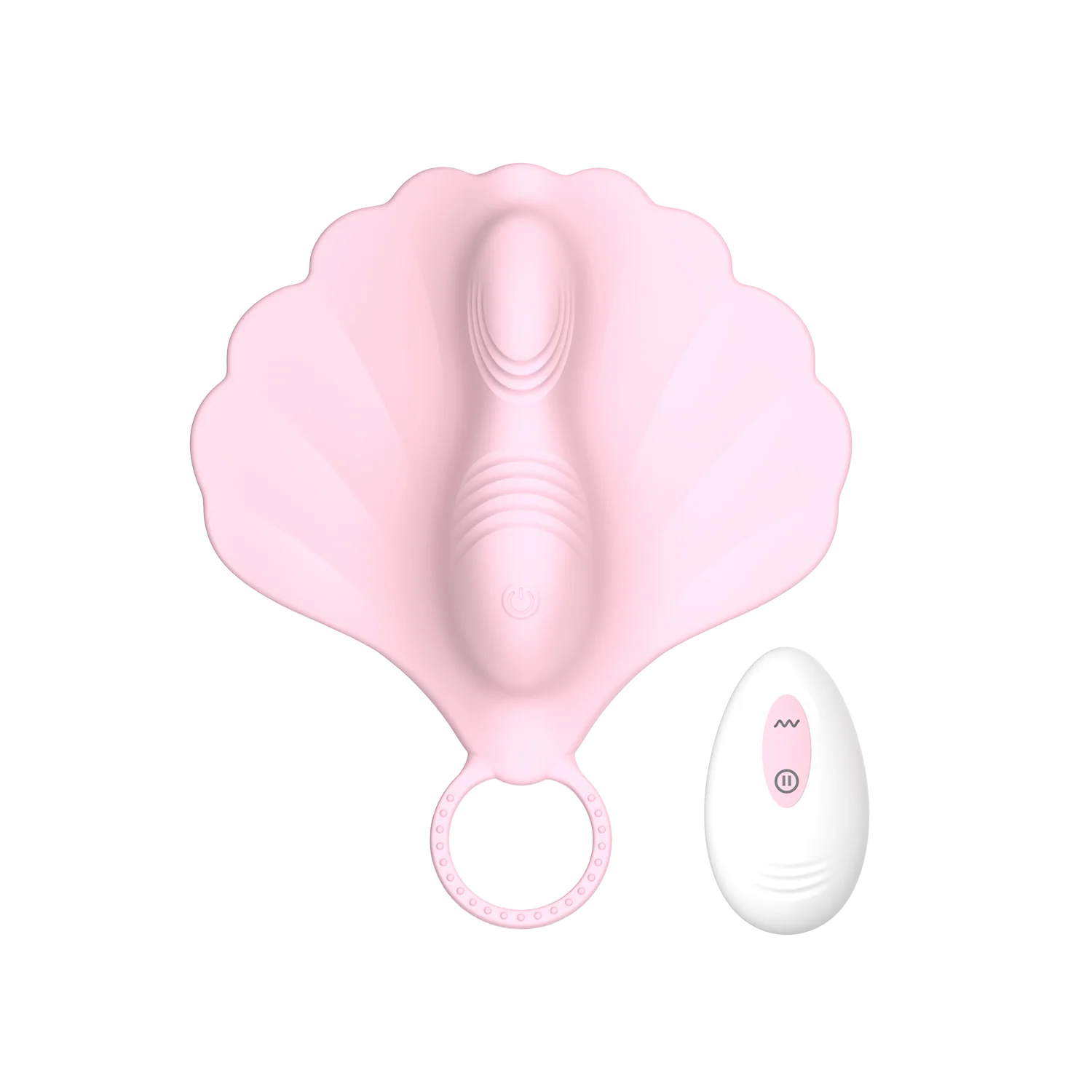 Pink clam-shaped wearable vibrator with a white remote control on a transparent background