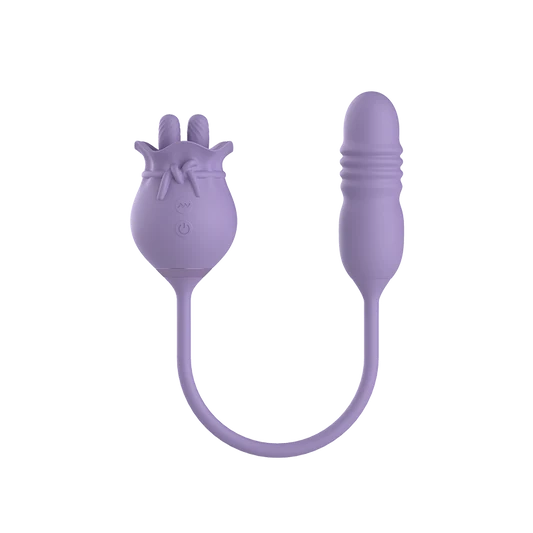 Purple silicone dual vibrator with a flexible cord on a white background
