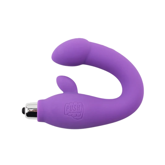 Purple silicone dual vibrator on a white background